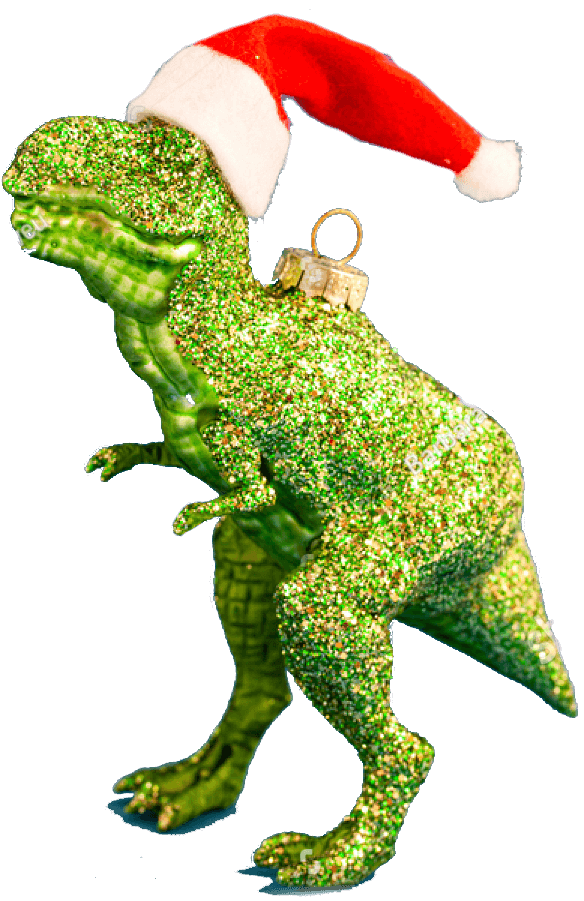 Kitschige Weihnachtsdekoration – grüner, glitzernder Dinosaurier mit Weihnachtsmütze